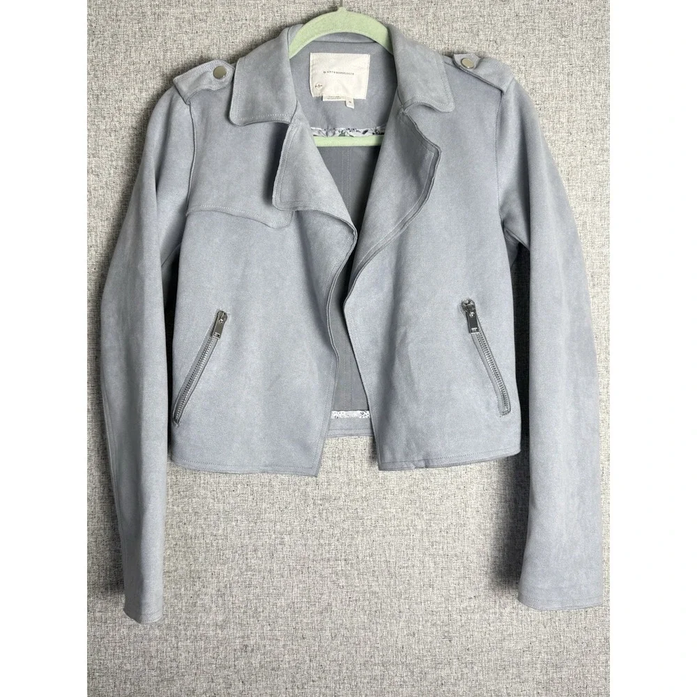 Anthropologie Women's Faux Suede Blue Expressway Moto‎ Cropped Open Jacket XS